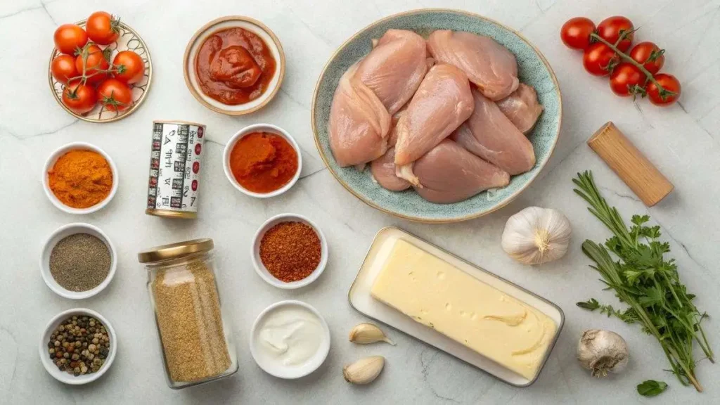  Ingredients for Instant Pot Butter Chicken laid out