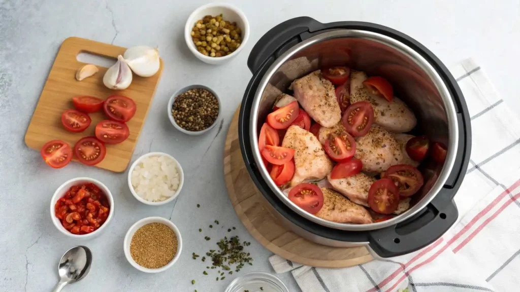 Chicken and tomato-spice mixture in Instant Pot before cooking