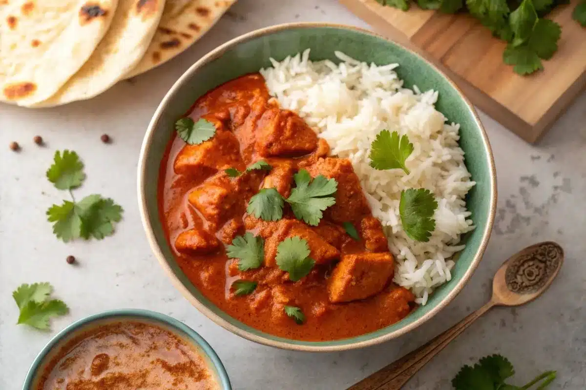 chicken tikka masala served with rice and naan