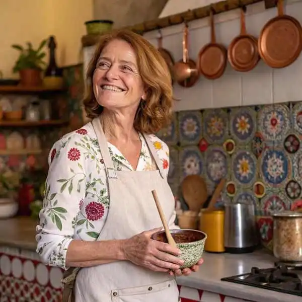 Alt text: "Ellie Harper, self-taught cook and Instant Pot dessert blogger, standing in her Moroccan kitchen with an Instant Pot on the counter."