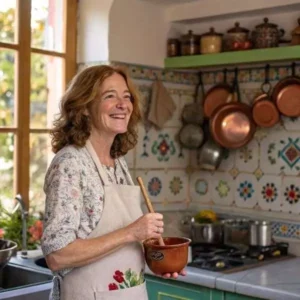Alt text: "Ellie Harper, self-taught cook and Instant Pot dessert blogger, standing in her Moroccan kitchen with an Instant Pot on the counter."