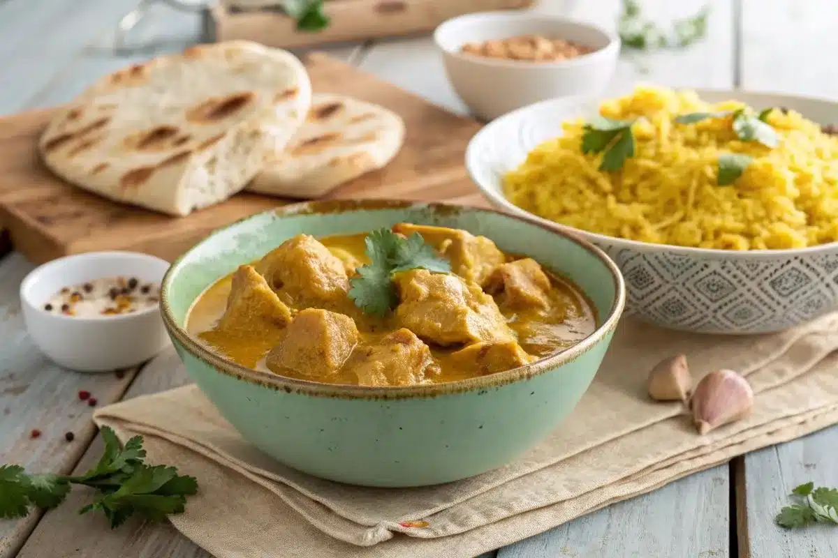 Instant Pot Chicken Korma served with rice and naan