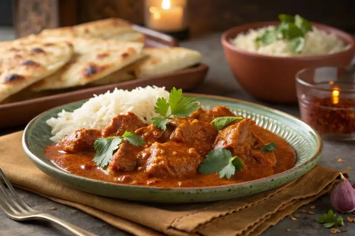 Spicy Instant Pot Chicken Vindaloo served with rice and naan