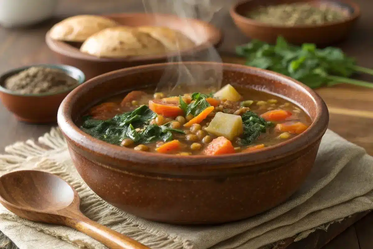 Hearty lentil and vegetable soup with carrots, potatoes, and greens