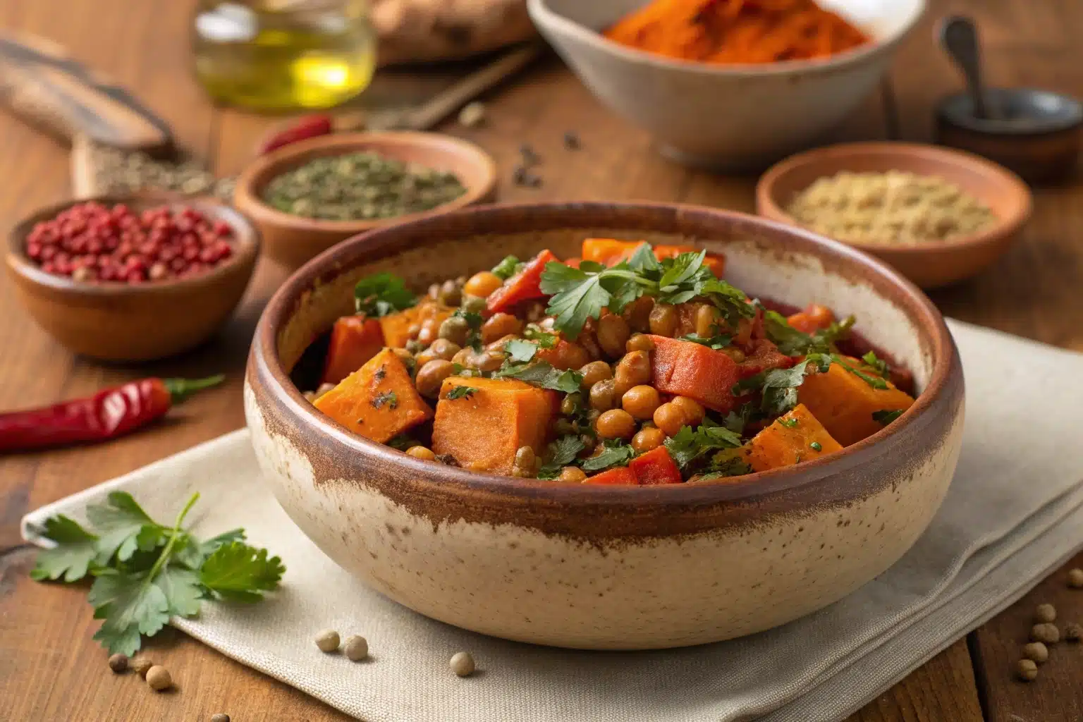 Moroccan Lentil Sweet Potato Bowl in rustic dish