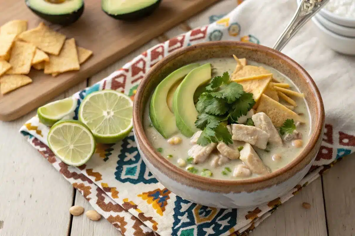 White turkey chili in a rustic bowl with toppings