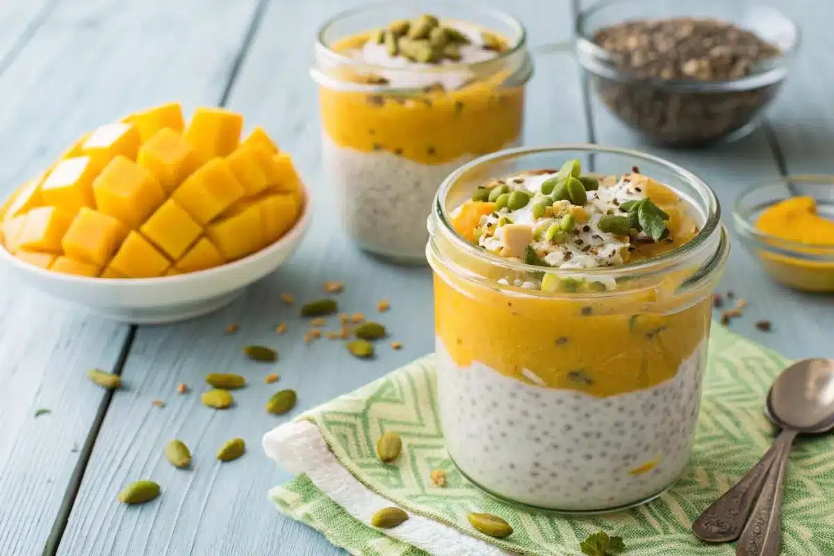 Mango chia seed pudding in jar with toppings