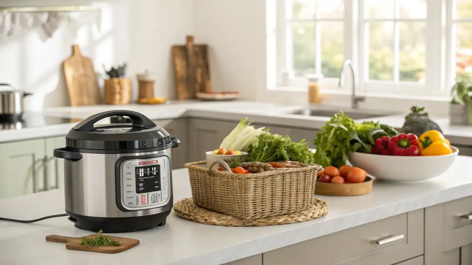 Instant Pot Costco bundle on modern kitchen counter with fresh produce